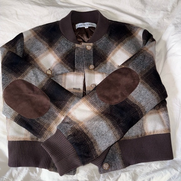 🤎Veronica Beard Stanley Bomber Jacket in Multi Color Plaid SZ 10 Elbow patches - Picture 12 of 16